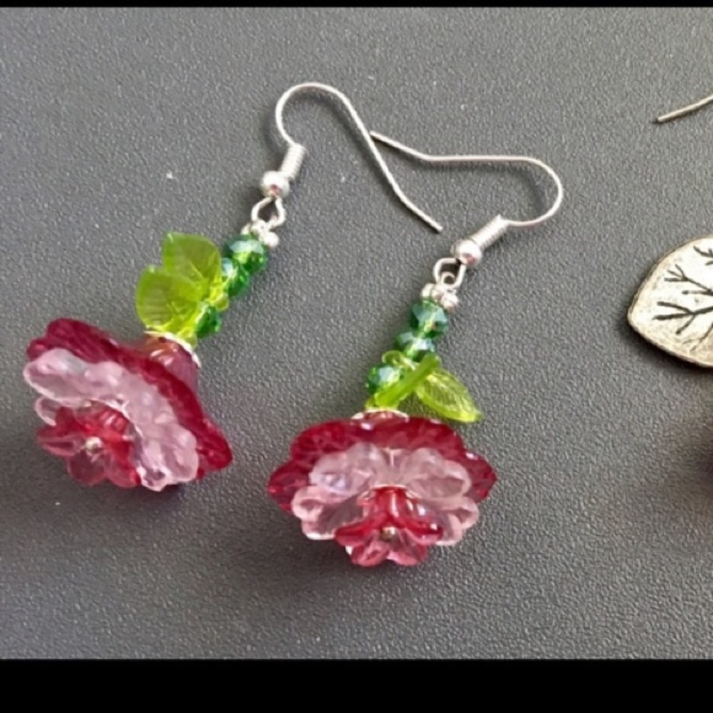 Red flower earrings handmade new